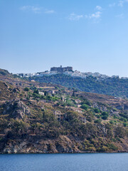 View towards the Monastery of Saint-John the Theologian, Patmos Chora, Patmos Island, Dodecanese,...