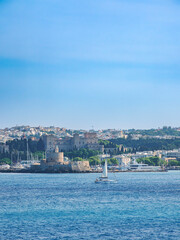 View towards the Saint Nicholas Fortress and Palace of the Grand Master of the Knights of Rhodes, Medieval Old Town, Rhodes City, Rhodes Island, Dodecanese, Greece