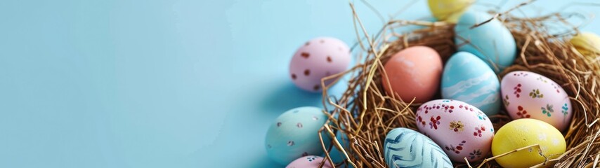 Happy Easter decoration background , colorful Easter eggs over pastel blue background. Easter day - obrazy, fototapety, plakaty