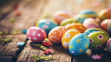 Easter eggs on wooden background. Happy Easter day. Easter Background. Colorful Easter eggs - obrazy, fototapety, plakaty