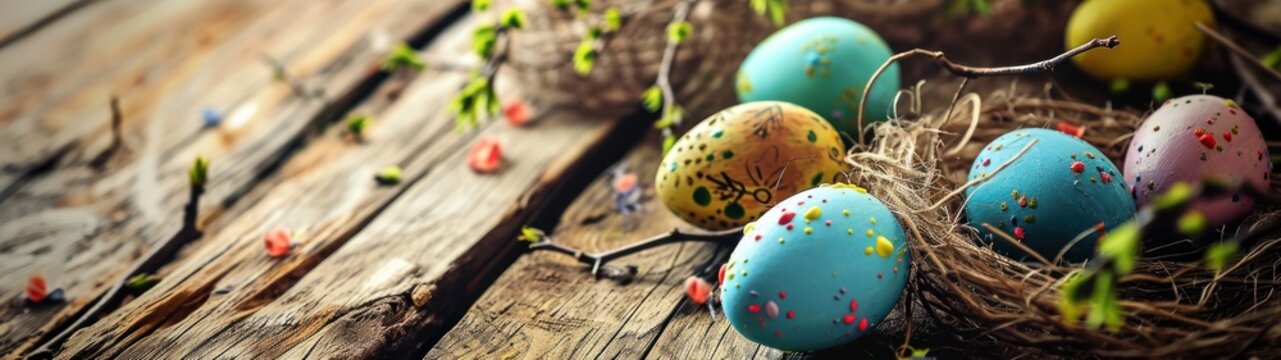 Easter eggs on wooden background. Happy Easter day. Easter Background. Colorful Easter eggs