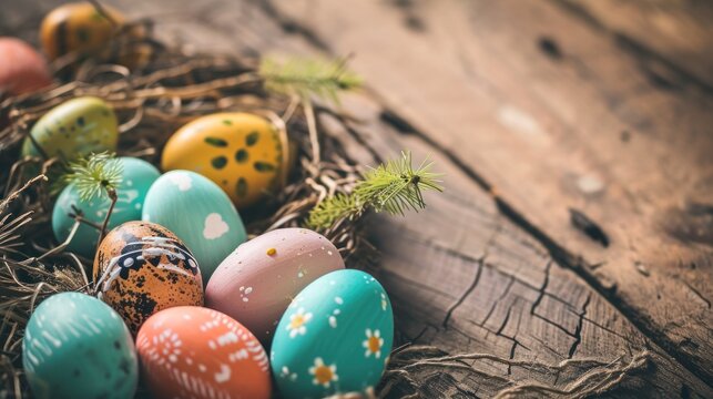 Easter eggs on wooden background. Happy Easter day. Easter Background. Colorful Easter eggs