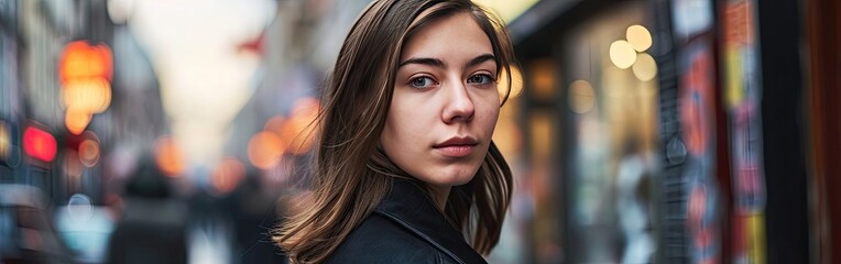 Obraz premium Young woman outdoors portrait in city wearing black