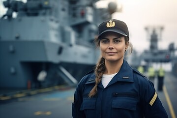 Portrait of beautiful female pilot on the deck of a military ship