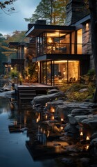 Fototapeta premium a luxury nordic home with at dawn
