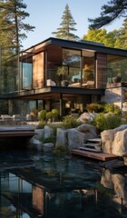 Fototapeta premium a luxury nordic home with at dawn
