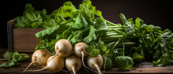 Charming display of fresh turnips with lush green leaves.