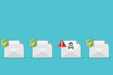 Email / envelope with black document and skull icon. Virus, malware, email fraud, e-mail spam, phishing scam, hacker attack concept.  - obrazy, fototapety, plakaty