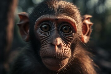 Curious baby monkey gazes directly into camera. Generative AI