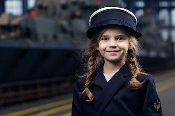 portrait of a beautiful little girl in a cap on the background of the train station