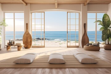 Coastal-inspired yoga studio with sandy tones, driftwood decor, and panoramic windows overlooking the ocean