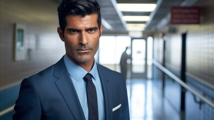 Fototapeta premium Serious businessman in a suit standing in a corporate hallway, portraying confidence and professionalism.