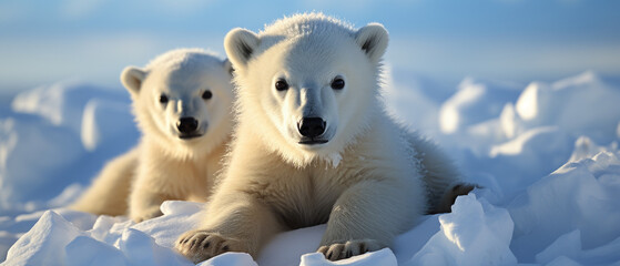 Adorable polar bear cub sitting in the Arctic snow. - obrazy, fototapety, plakaty