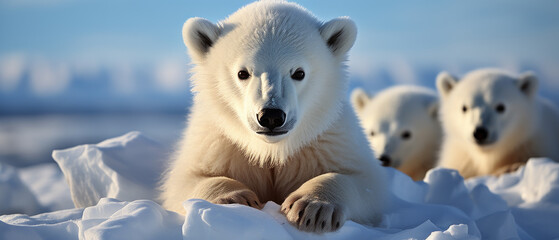 Adorable polar bear cub sitting in the Arctic snow.