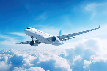 Fototapeta na wymiar High-flying airliner against a blue sky, sunlit clouds, symbolizing modern air travel.