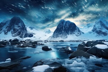 Snowy arctic landscape, with a polar night sky and the Northern Lights.