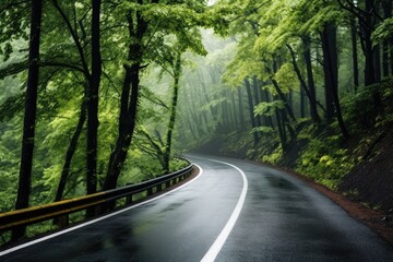 Winding road through a misty forest, a scenic journey with green surroundings and foggy ambiance.