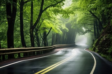 Obraz premium Wet, foggy road winding through a lush forest, creating a beautiful and tranquil scene.