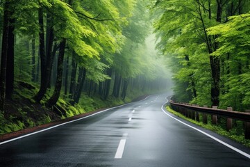 Obraz premium Rainy road curves through a misty forest, creating a serene and beautiful natural landscape.