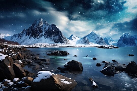 Arctic night scenery, featuring a snowy landscape, fjords, and the Northern Lights.