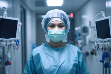 Focused female surgeon in scrubs and surgical mask standing in an operating room with medical equipment.