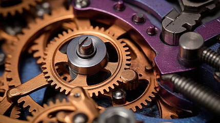 Close up view of the intricate details of a watch mechanism, highlighting golden gears and mechanical precision.