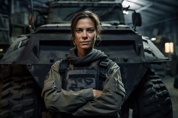 Portrait of a beautiful young woman soldier standing in front of military vehicle