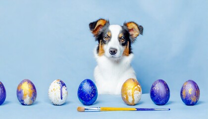 Easter Dog in Studio Painting Easter Eggs - Easter Day Background
