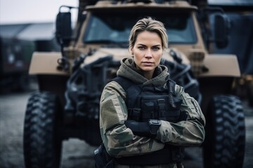 Portrait of a female soldier standing in front of a military vehicle