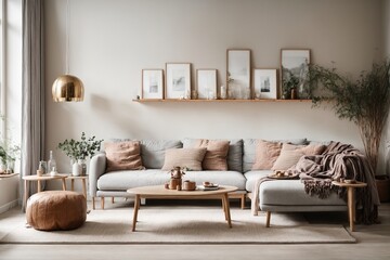 Fototapeta na wymiar Frame mockup Living room Interior mockup with house background from cozy hygge vibes to sleek and modern design, blank frames will elevate any Scandinavian-inspired interior