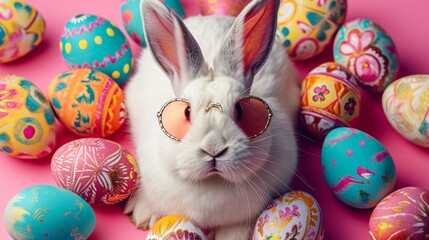 Fototapeta na wymiar Hippie bunny with sunglasses with colorful painted Easter eggs. Concept of happy Easter day.