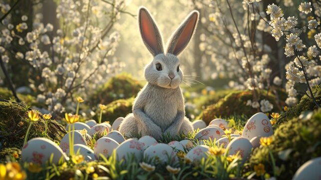 Cute bunny with colorful painted Easter eggs in the forest. Concept of happy Easter day.