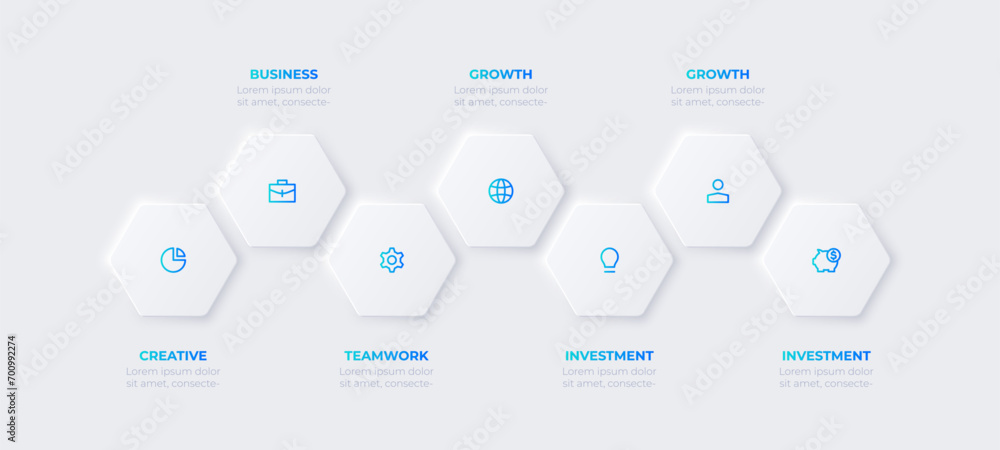Poster neumorphic hexagons for infographic. process visualization with 7 options, parts or steps
