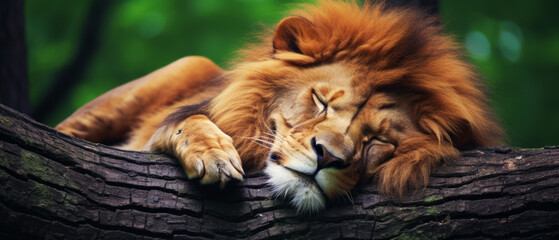 Majestic lion peacefully slumbering atop a sturdy tree branch.