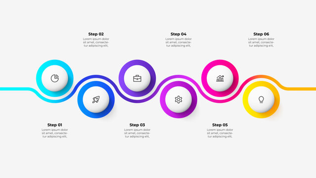 Six circles for infographic timeline with zigzag line. Visualization of development process