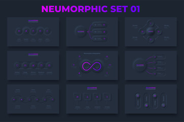 Dark neumorphism infographics elements. Timelines, rings, flowcharts and cycle diagrams. Set of Infograph concept with 3, 4, 5 and 6 options