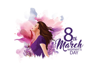 Obraz na płótnie Canvas Woman's Day 8 March with Eight Number, leaves on purple background, international women day