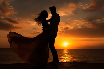 A silhouette of a couple embracing against the backdrop of a beautiful sunset