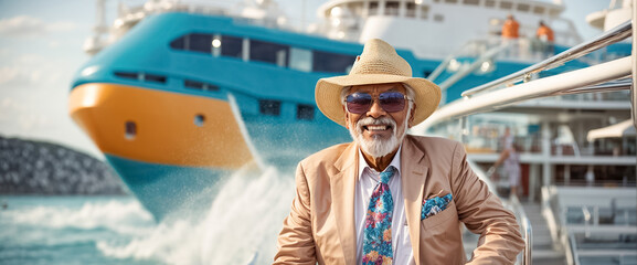 Happy elderly man on the background of a yacht sunny