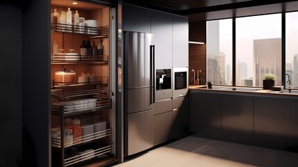 Compact kitchen with a pull-out pantry, hidden appliances, and a seamless design aesthetic