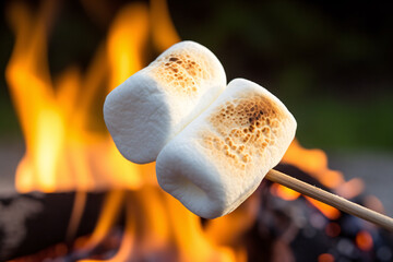 Two pieces of grilled marshmallow sweets on stick over camp fire