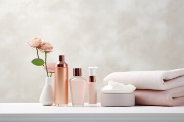 Set of luxury cosmetic products on white table. Space for text
