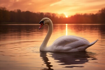 Fototapeta premium Photograph a graceful swan gliding across a tranquil lake at sunset