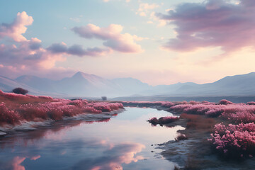 Fototapeta na wymiar Calming Rhythms: Serene Sunset Over a Blossoming River Valley. Horizontal photo