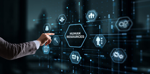Human Resources HR management Recruitment Concept. Businessman clicks icon