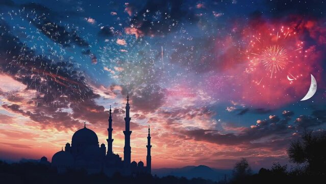 silhouette of a mosque against the background of the night sky with fireworks. Seamless looping time-lapse virtual video animation background 