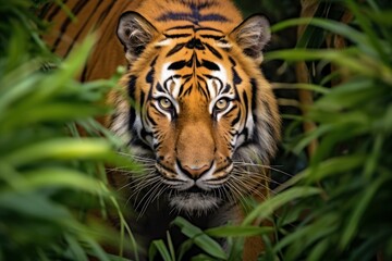 Obraz premium Focus on the intense gaze of a prowling tiger amidst lush foliage