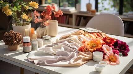 Fabric swatch books are put on a large table, buttons, zippers, photography