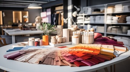 Obraz premium Fabric swatch books are put on a large table, buttons, zippers, photography