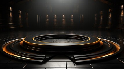 A circular podium in centre, studio lighting